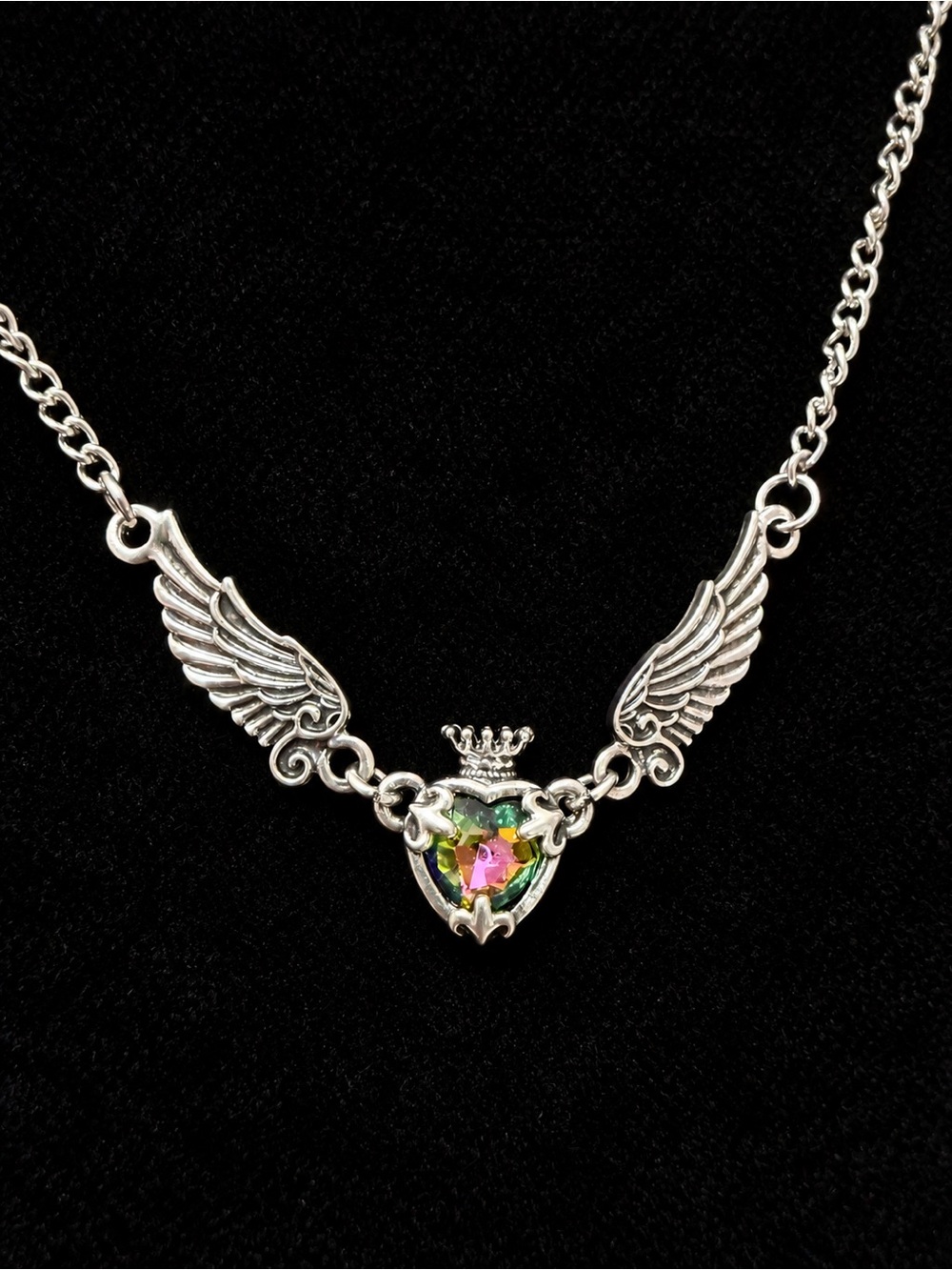 Silver Winged Heart Necklace with Iridescent Multicolored Crystal